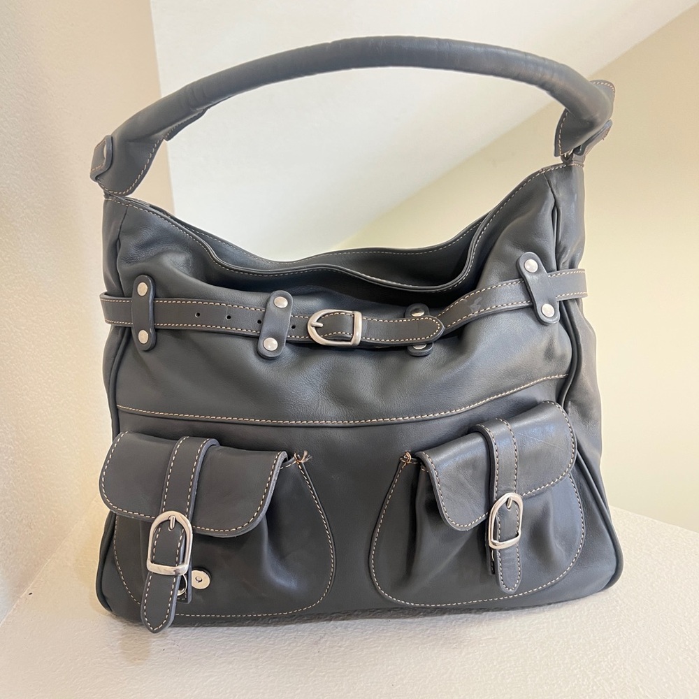 Paravidino  Italian Made Leather Grey Satchel pocketbook with‎ silver accents